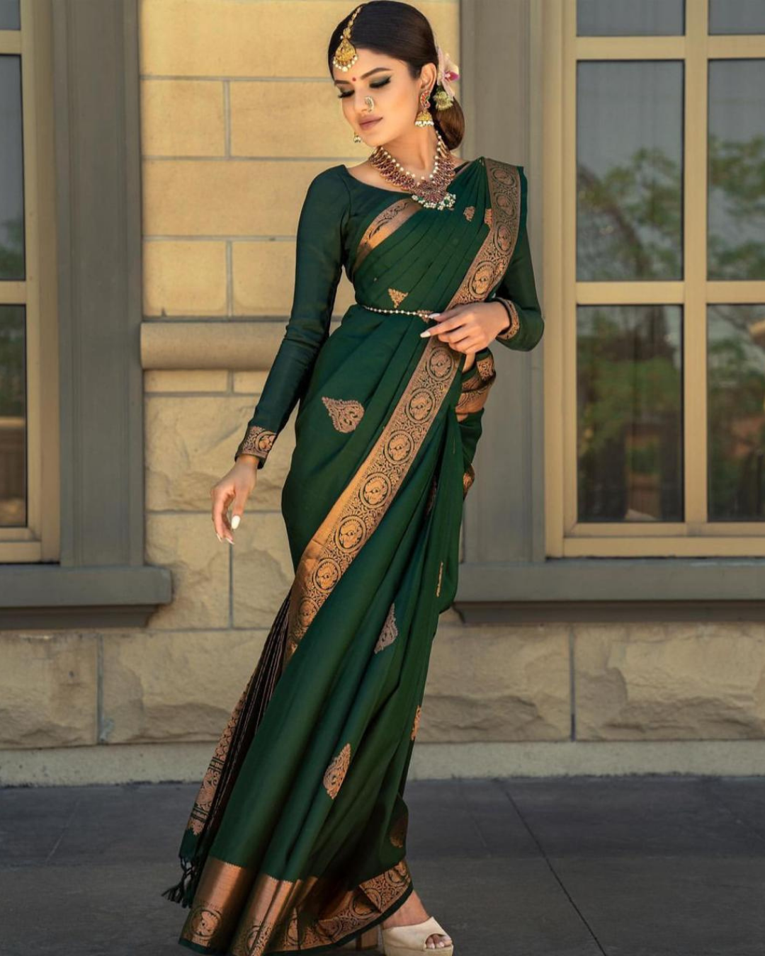 Tulsi Green Pure Soft Kanchi Silk Saree With Attached Blouse 