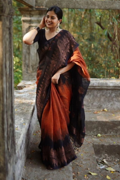 Jenna Reddish Orange Black Silk Saree