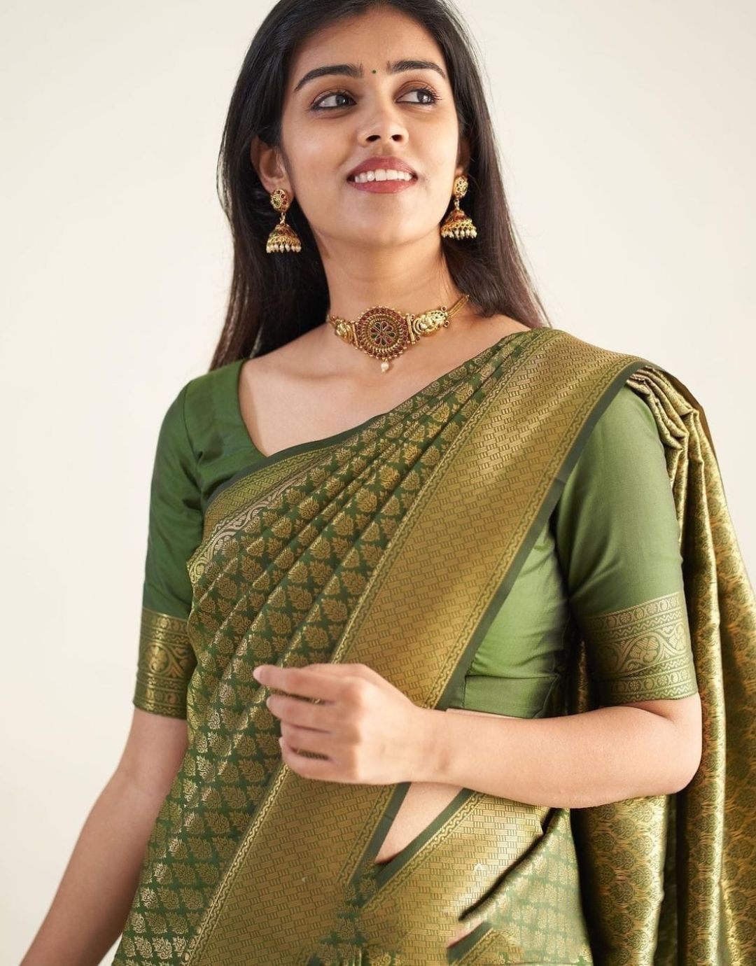 ANURA GREEN TRADITIONAL KANCHI SOFT SILK SARI WITH ATTACHED BLOUSE