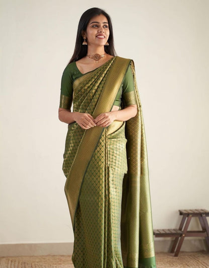 ANURA GREEN TRADITIONAL KANCHI SOFT SILK SARI WITH ATTACHED BLOUSE