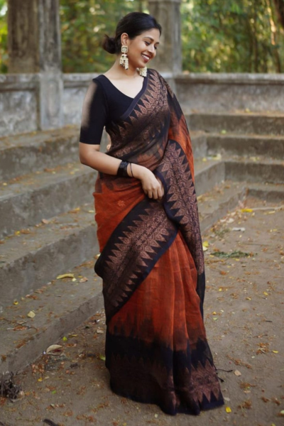 Jenna Reddish Orange Black Silk Saree