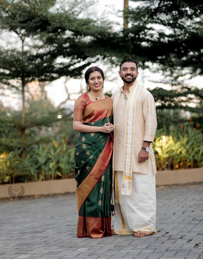 BRITISH GREEN TRADITIONAL KANCHI SOFT SILK SARI WITH ATTACHED BLOUSE