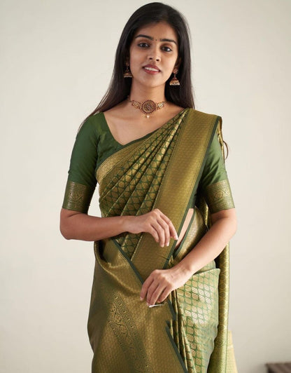 ANURA GREEN TRADITIONAL KANCHI SOFT SILK SARI WITH ATTACHED BLOUSE