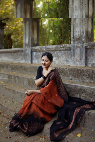 Jenna Reddish Orange Black Silk Saree