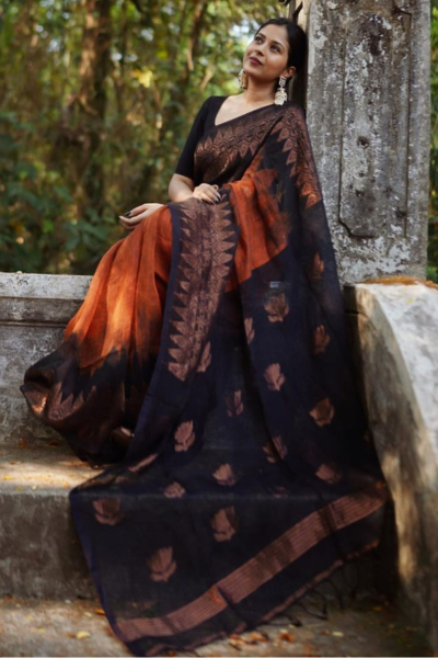 Jenna Reddish Orange Black Silk Saree