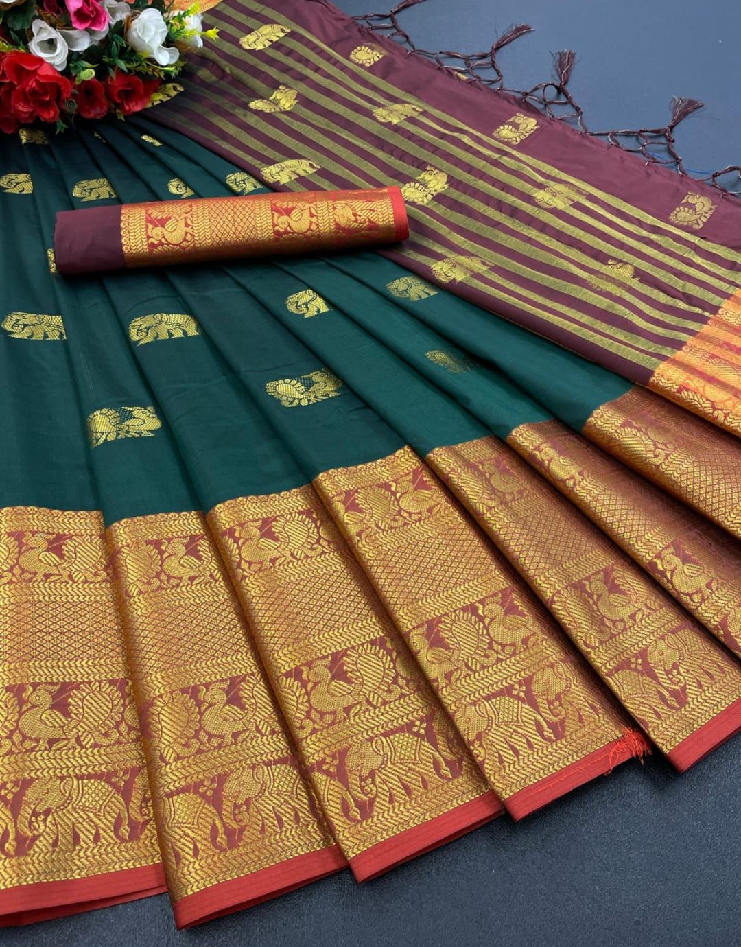 Kunti Green Kanchipuram Saree