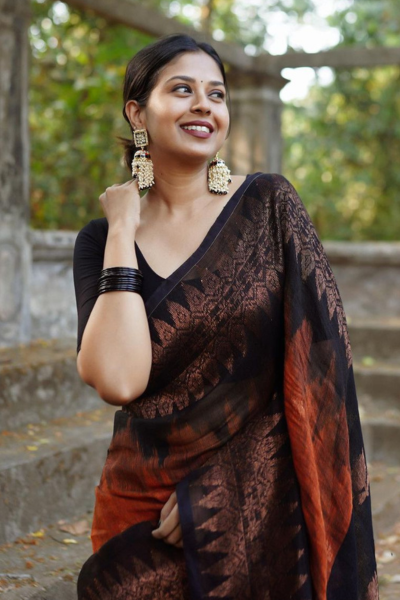 Jenna Reddish Orange Black Silk Saree