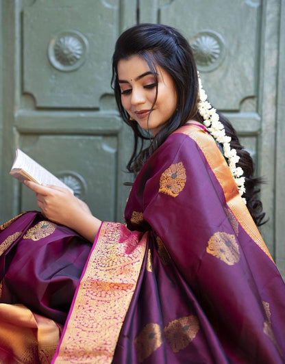 KYARA PURPLE TRADITIONAL KANCHI SOFT SILK SARI WITH ATTACHED BLOUSE