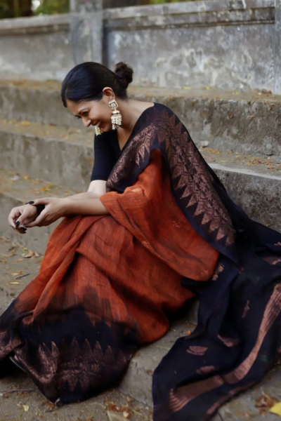 Jenna Reddish Orange Black Silk Saree