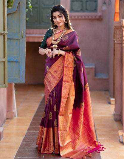 KYARA PURPLE TRADITIONAL KANCHI SOFT SILK SARI WITH ATTACHED BLOUSE