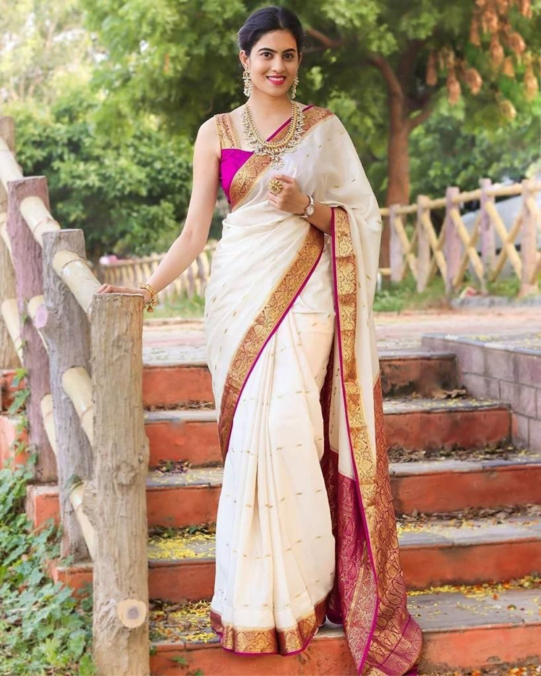 SURBHI WHITE PINK TRADITIONAL KANCHI SOFT SILK SARI WITH ATTACHED BLOUSE