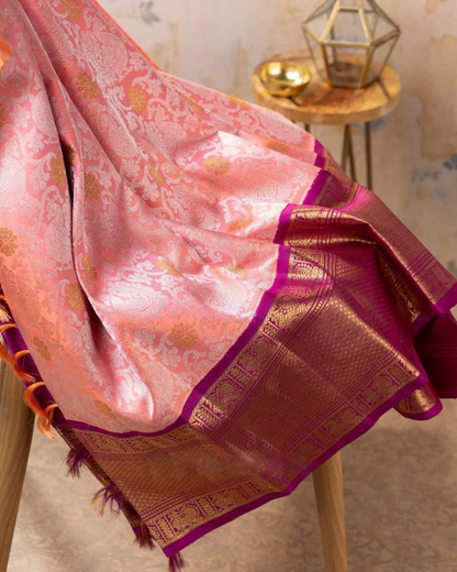 Peach Pink Traditional Kanchi Soft Silk Saree With Attached Blouse