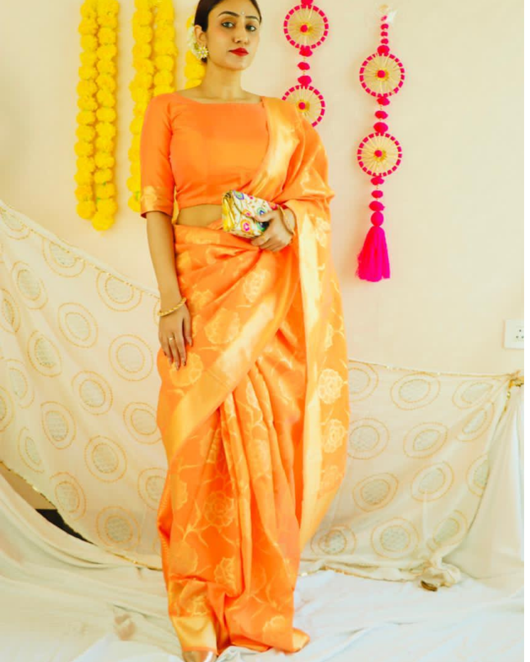  Orangenaam Stylish Festive Soft Silk Saree With Attached Blouse