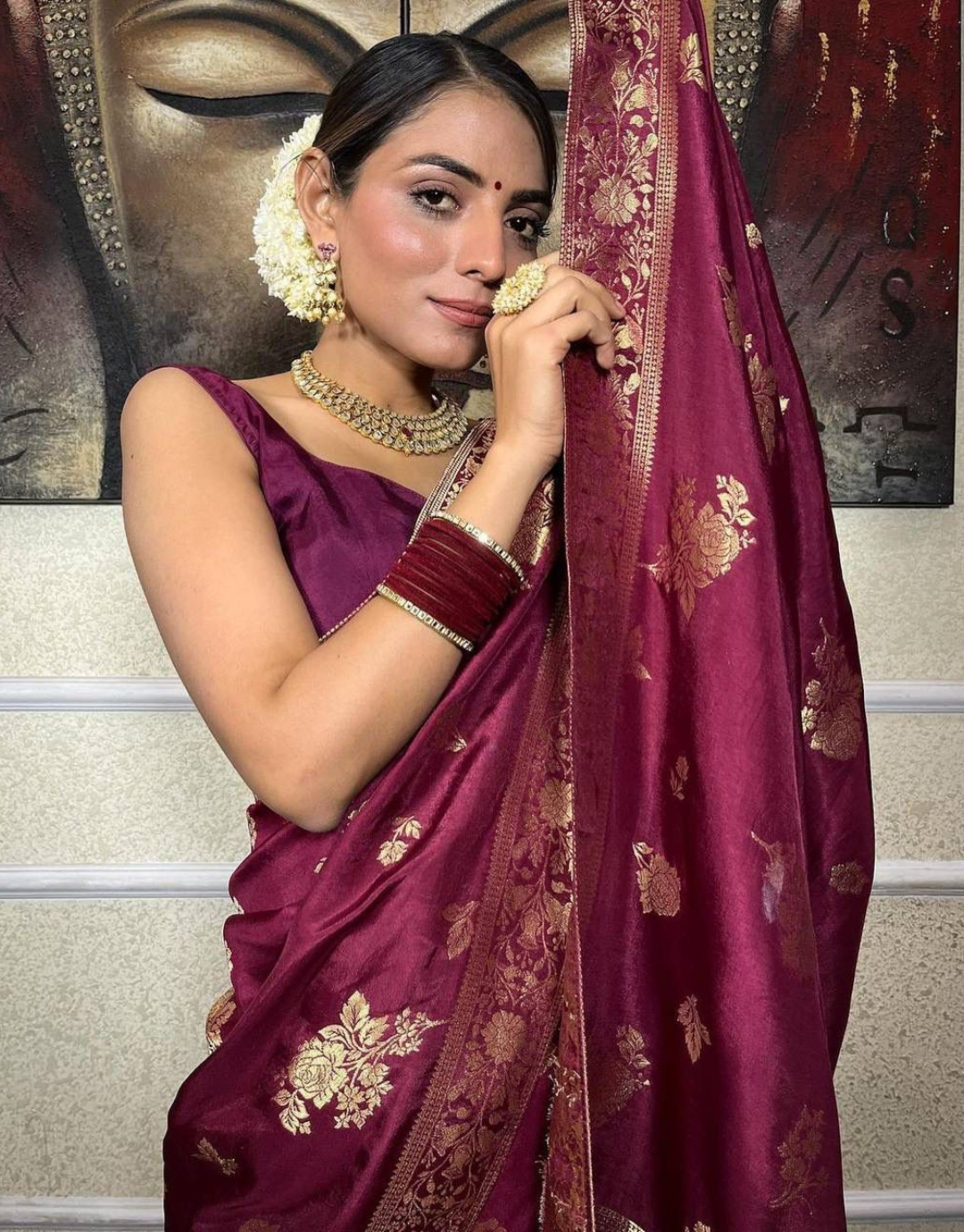 Nayra Maroon Banarasi Saree