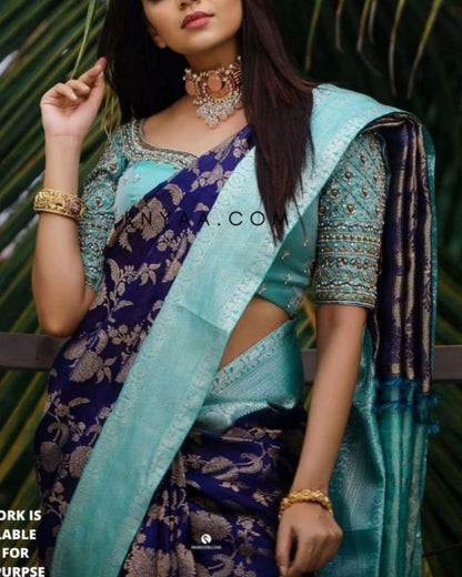 Blue-Sky Traditional Kanchi Soft Silk Sari With Attached Blouse