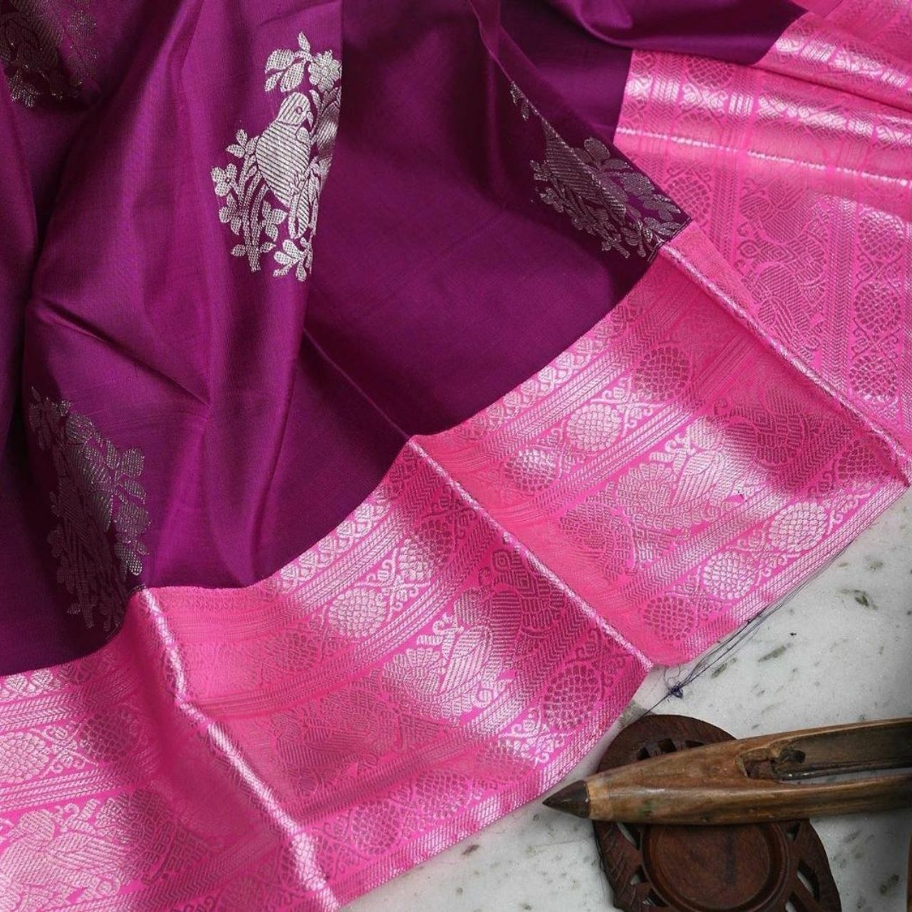 Purple-Rani Pure Soft Silk Sari With Attached Blouse