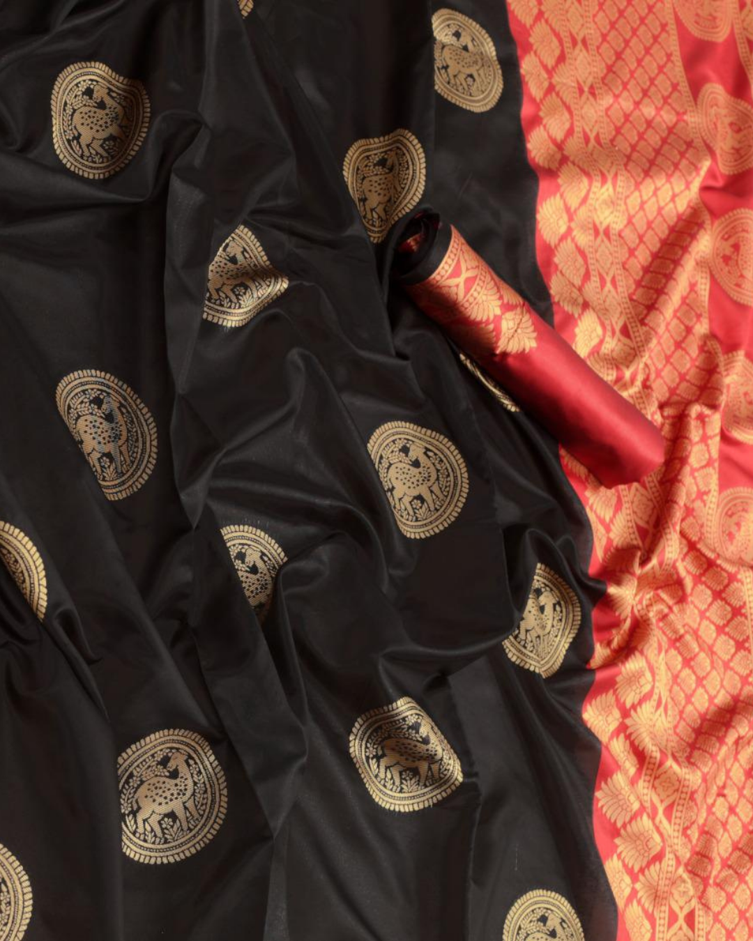 Barkha Black and Red Soft Silk Saree With Attached Blouse