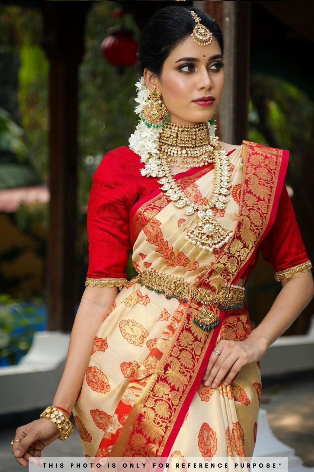 Creamy White And Red Kanchipuram Saree