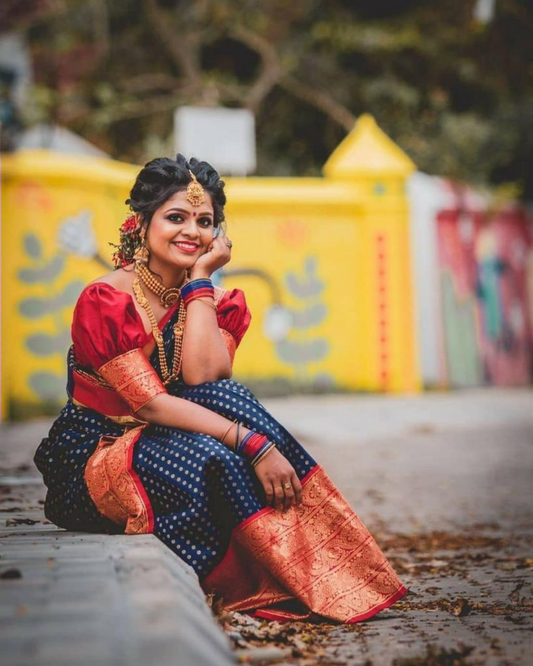 Remi Blue Red Kanchi Soft Silk Saree With Attached Blouse