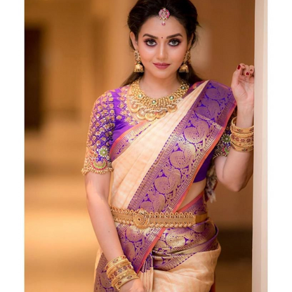 VIHA PURPLE ARCHAIC TRADITIONAL KANCHI SOFT SILK SARI WITH ATTACHED BLOUSE