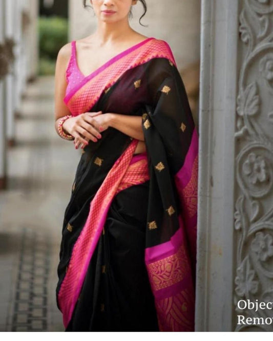 Black pink combination heavy silk saree with attached blouse