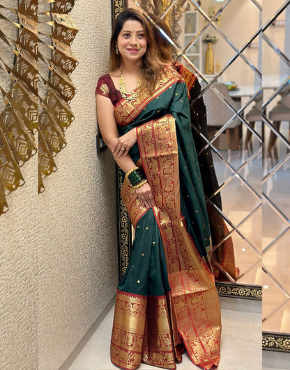 NATASHA GREEN TRADITIONAL KANCHI SOFT SILK SARI WITH ATTACHED BLOUSE