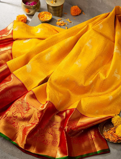 Yella-Red Soft Silk Sari With Attached Blouse Saree for Women