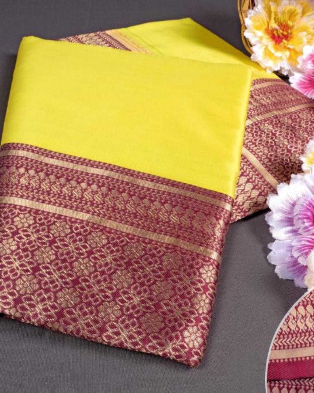 Gowari Yellow Wine Pure Soft Silk Saree With Attached Blouse 