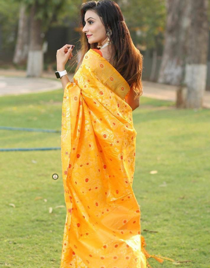 YELLOW BUTTI TRADITIONAL KANCHI SOFT SILK SARI WITH ATTACHED BLOUSE