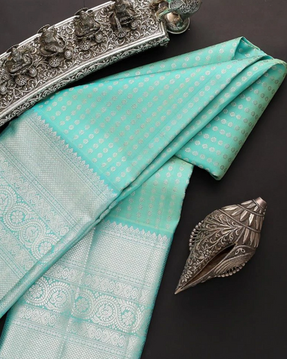 Bottel Blue Kanchipuram Silk Saree With Attached Blouse