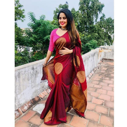 Maroon-Golden  Butta Traditional Kanchi Soft Silk Sari With Attached Blouse