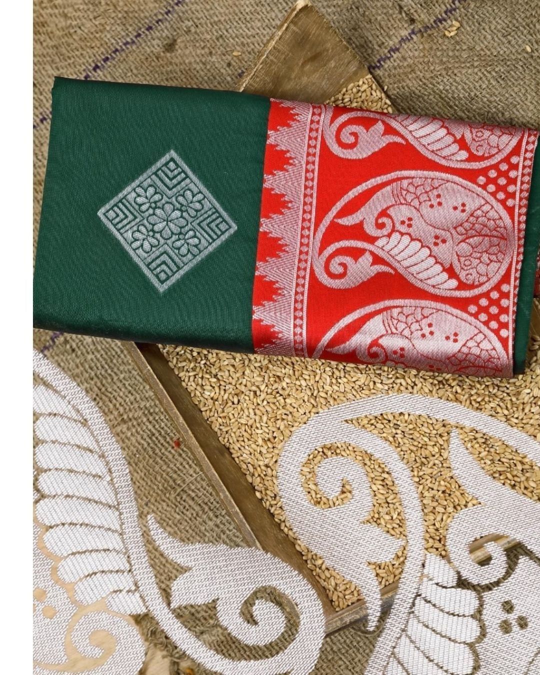 GREEN-RED SQUARE STYLE Traditional  Soft Silk Sari With Attached Blouse