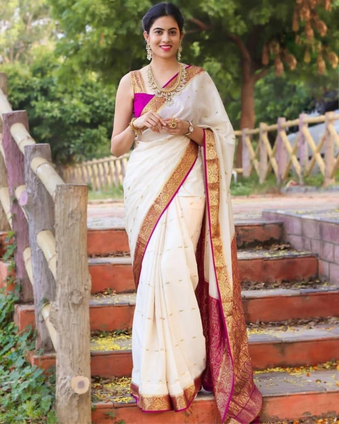 SURBHI WHITE PINK TRADITIONAL KANCHI SOFT SILK SARI WITH ATTACHED BLOUSE