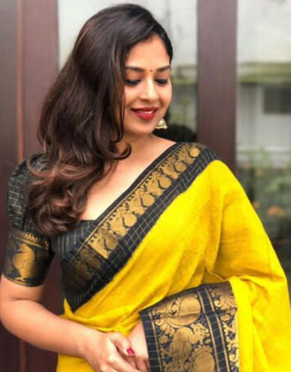 VEERA YELLOW TRADITIONAL KANCHI SOFT SILK SARI WITH ATTACHED BLOUSE