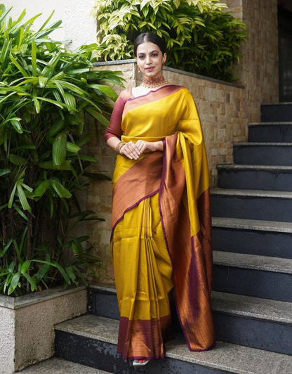 Yellow Maroon Traditional Soft Silk Saree With Attached Blouse 