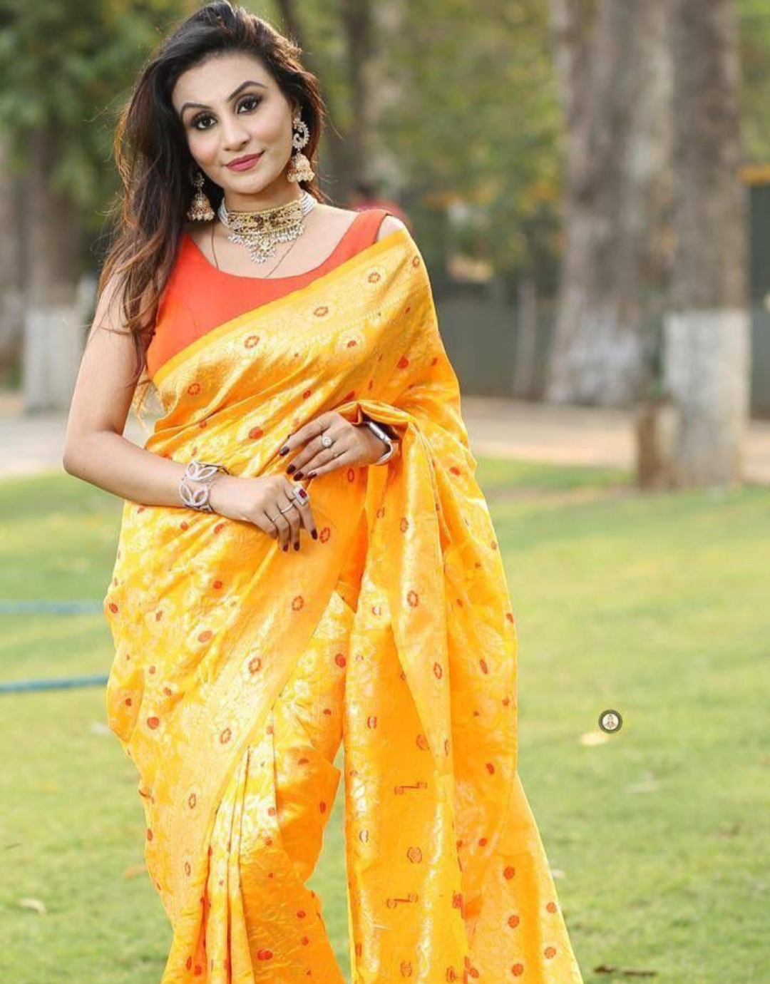 YELLOW BUTTI TRADITIONAL KANCHI SOFT SILK SARI WITH ATTACHED BLOUSE