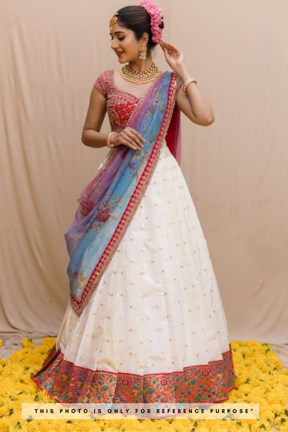 Off White Coloured Kanchipuram Half Saree With Organza Dupatta