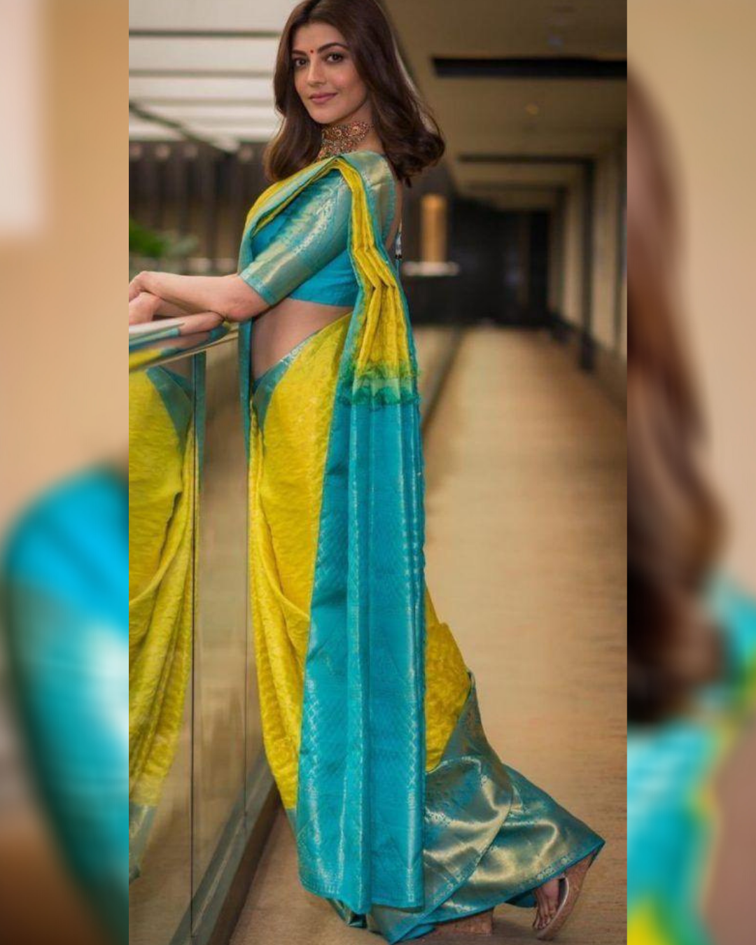 Kajal Yellow Firozi combination Stylish Saree With Attached Blouse