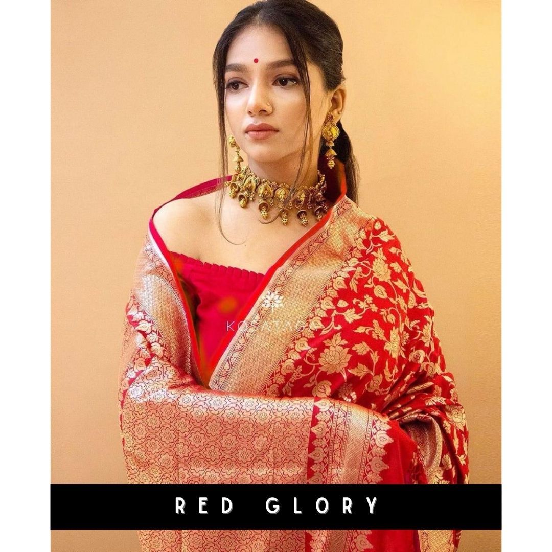 GLORY Red Traditional Silk Sari With Attached Blouse