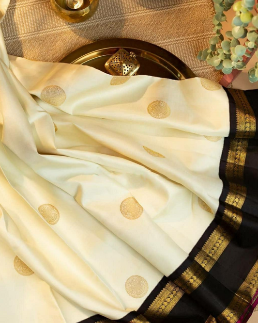 White Goldi Pure Soft Silk Sari With Attached Blouse