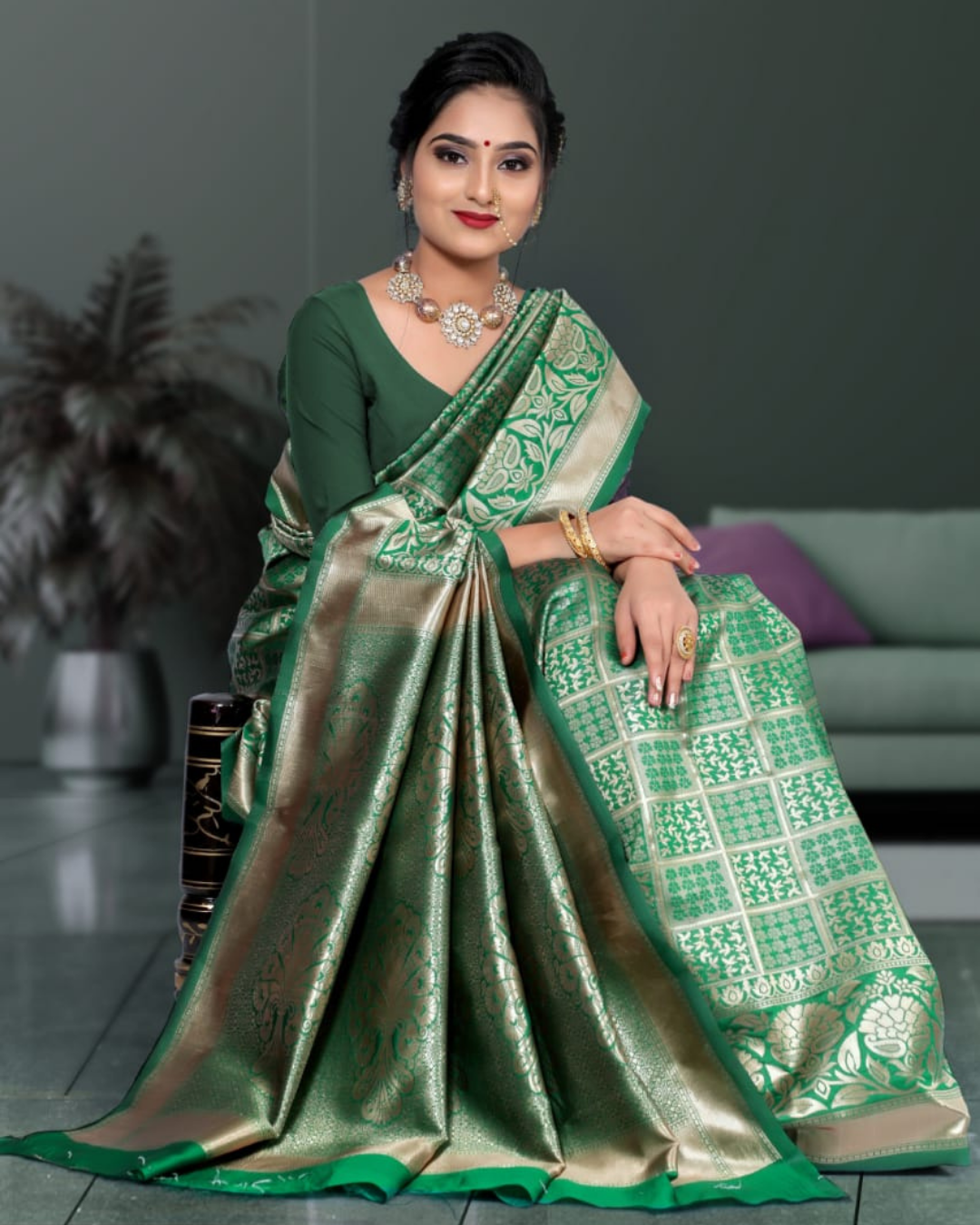 Shanta Green Pure Soft Silk Saree With Attached Blouse Saree 