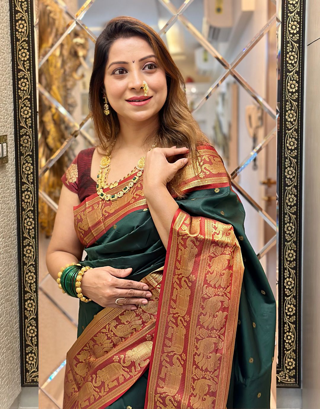 NATASHA GREEN TRADITIONAL KANCHI SOFT SILK SARI WITH ATTACHED BLOUSE