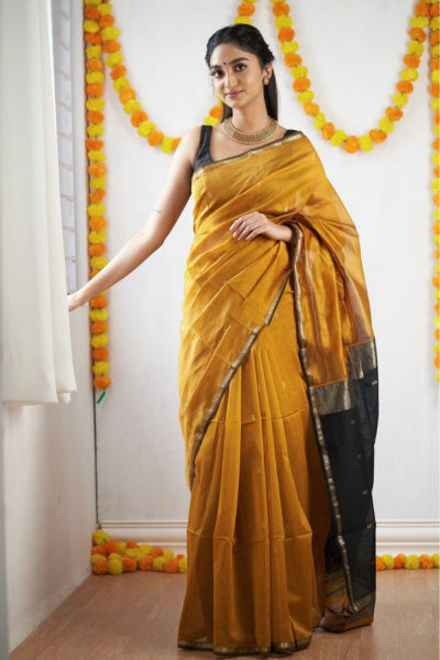 Freya Mustard-Black Cotton Silk Saree