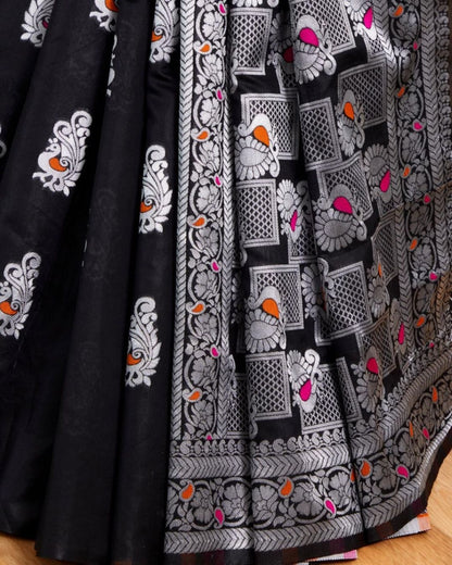 Black-mor Traditional Kanchi Soft Silk Sari With Attached Blouse