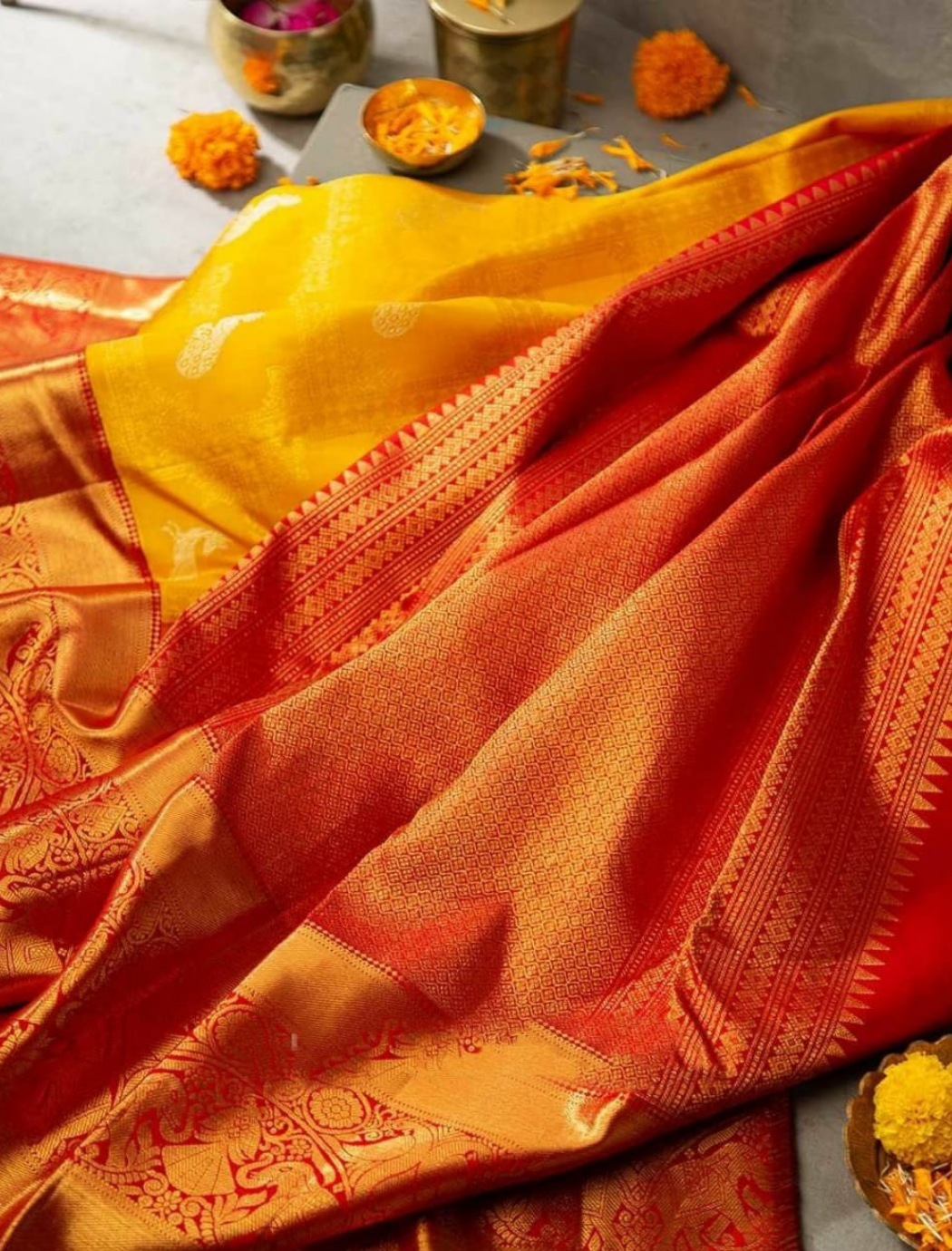 Yella-Red Soft Silk Sari With Attached Blouse Saree for Women