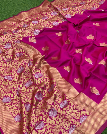 Rani Pink Heavy Quality Pure Soft Silk Sari With Attached Blouse 