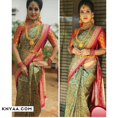 Nandini  Green Kanchipuram Soft silk sari With Suitable Attached Blouse