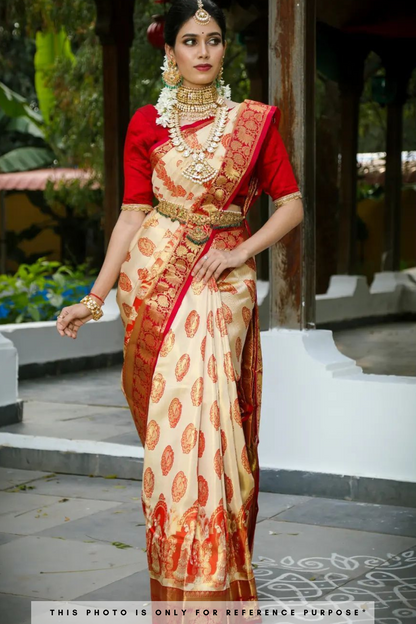 Creamy White And Red Kanchipuram Saree