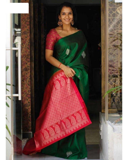 GREEN-RED SQUARE STYLE Traditional  Soft Silk Sari With Attached Blouse