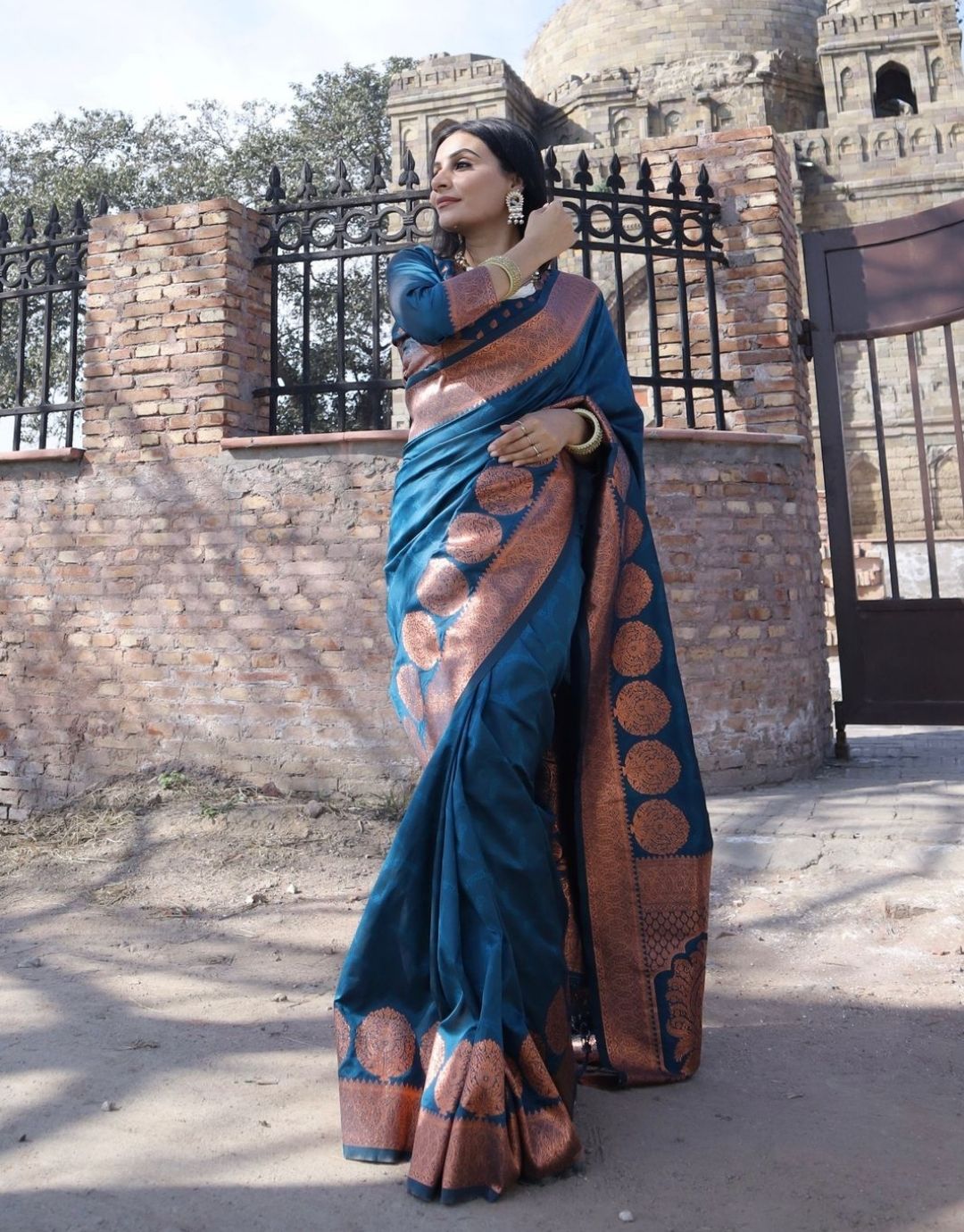 DIANA BLUE TRADITIONAL KANCHI SOFT SILK SARI WITH ATTACHED BLOUSE